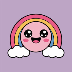 Cute cartoon rainbow character with a smiling face and clouds on a light purple background