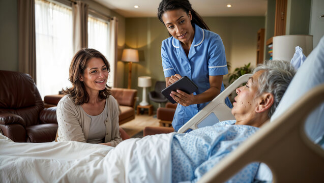 Nurse caring for patient. A compassionate nurse talks with an elderly patient and her daughter in a care setting.