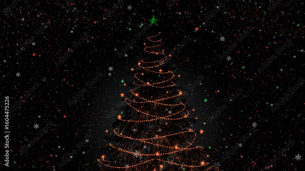 Poster holiday-themed dark background showcasing a christmas tree outline adorned with red and green stars 