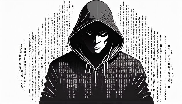 hacker silhouette isolated on white background black binary code hacker