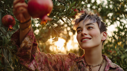 Queer person smiles while picking pomegranates in golden sunlight.