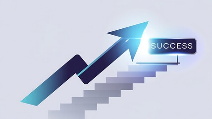 Ascending arrow reaching success sign above stairs blue gradient