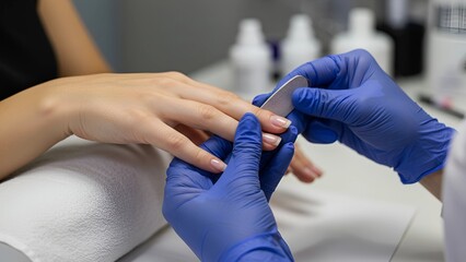 Professional manicurist shaping clients nails with a file