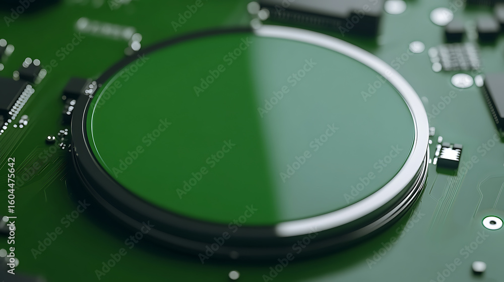 Poster close-up of green electronic circuit board with circular element. technology concept of computer har