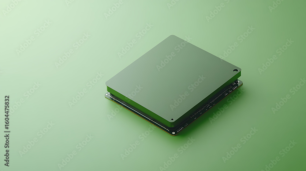 Poster isolated shot of a small square computer component with a protective green cover. minimalist aesthet