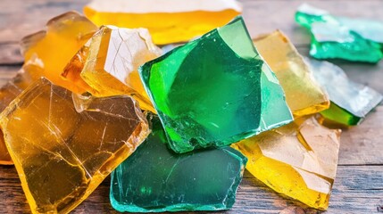 Colorful glass pieces arranged on a wooden surface for artistic display