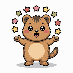A happy cartoon bear with open arms surrounded by colorful stars on a white background illustration