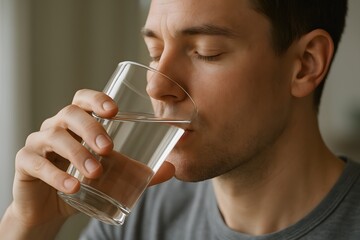 Man Drinking Clean Water from a Glass Close-Up