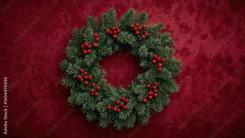 Poster yuletide creation with conifer branches and red berry accents set on a red canvas