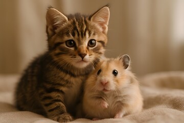 Fototapeta premium portrait of cat and hamster