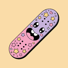 Cartoon bandaid with a smiling face and star and heart decorations on a light yellow background