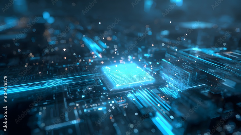 Poster digital circuit board with glowing processor