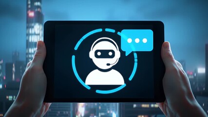 Hands Holding Tablet Displaying Ai Assistant Icon With Digital Interface And Urban Cityscape At Night With Illuminated Lights And Modern Buildings - Powered by Adobe
