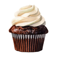 Beautiful Watercolor Illustration of Chocolate Cupcake with Frosting