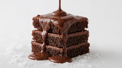Obraz premium Chocolate syrup drizzling over a pile of chocolate dessert against a white backdrop