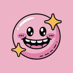 A pink cartoon emoji with a big smile and two yellow stars on a pink background illustration
