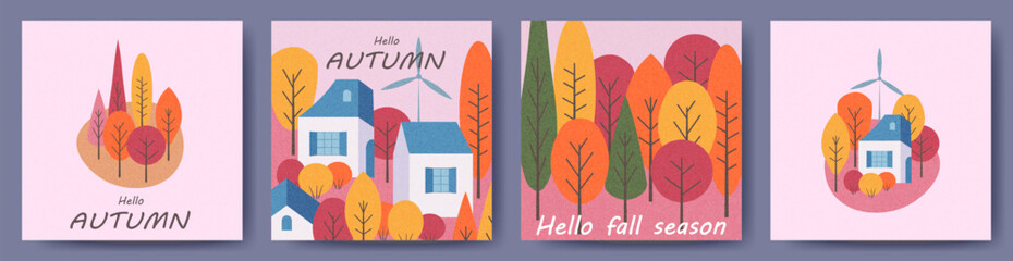 Set of trendy, colorful autumn posters, covers, and cards featuring houses among trees and autumn forests. Autumn background, template for advertising, sales, websites, social media, and print