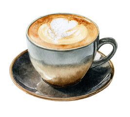 Beautiful Watercolor Illustration of Latte with Milk Foam Art