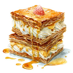 Beautiful Watercolor Illustration of a Delicious Mille Feuille Pastry
