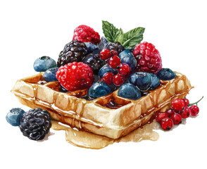 Beautiful Watercolor Illustration of Waffle with Fresh Berries