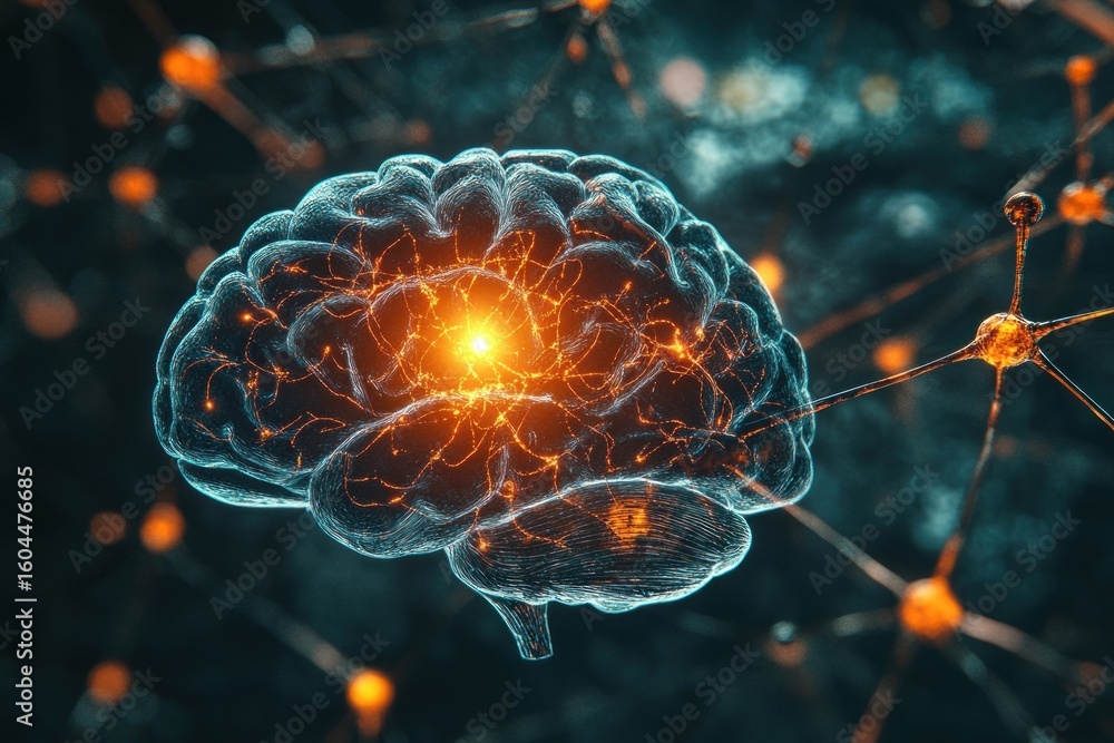 Poster 3d render of a brain with glowing neurons and a cell diagram neuroscience illustration intelligence.