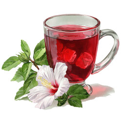 Charming Watercolor Illustration of Hibiscus Tea in Glass Cup