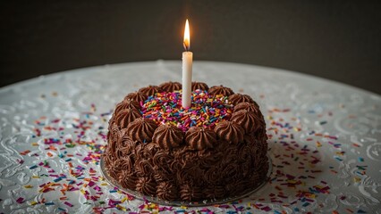 Birthday celebration with a chocolate cake, confetti, and a single lit candle for a 60th milestone