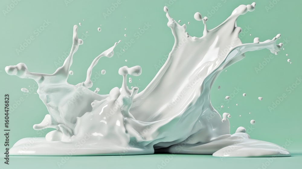 Poster splashing white liquid creates dynamic abstract forms against a green backdrop