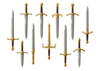 Medieval Sword Vector Collection: Gold and Silver Fantasy Blades, Double-Edged Weapons, Ornate Cross Guards, Unique Hilt Designs, Knight Combat Tools, Ancient Armory Illustration