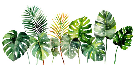 Vibrant Watercolor Arrangement of Tropical Leaves and Foliage