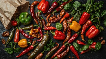 Collection of chili pepper types with textured surfaces and leaves, emphasizing cooking and agricultural aspects