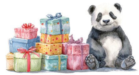 Happy Panda Sitting Next to Colorful Stack of Birthday Presents