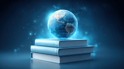 International trade concepts that challenge global tariffs. A glowing digital Earth hovers above a stack of books, symbolizing global knowledge, education, and information in a futuristic.