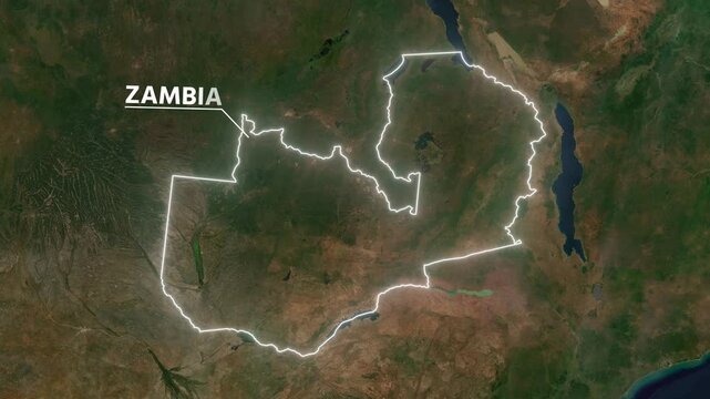 Zoom from Earth to Zambia. Glow outline map animation satellite view with highlighted country borders. Cinematic documentary 3d world map animation highlights aerial views, tourism, and travel. 4k