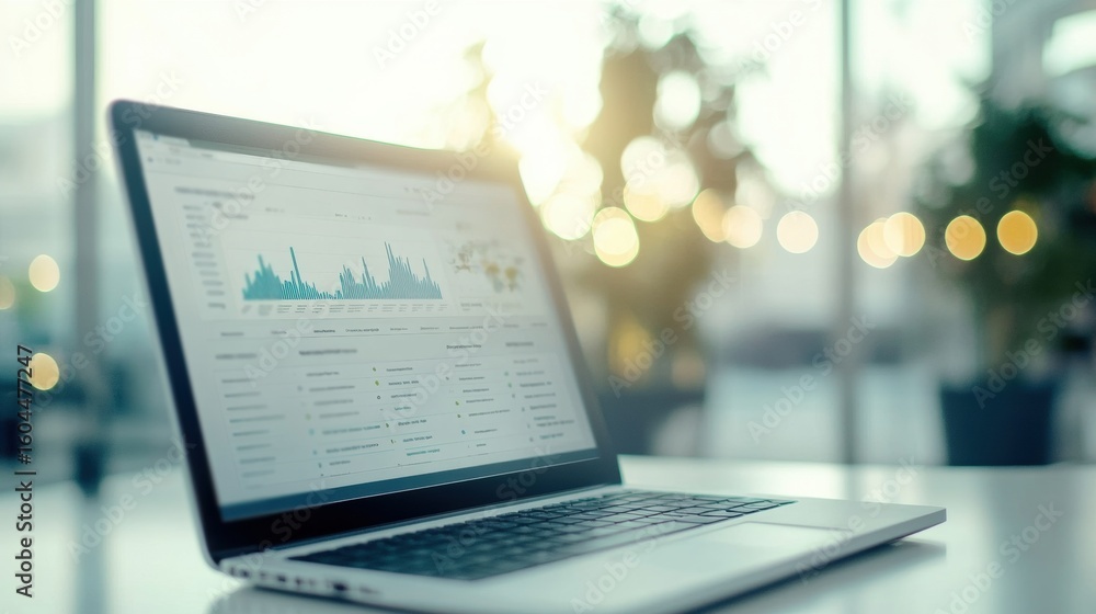 Poster laptop on a table displaying data analysis in a well-lit office