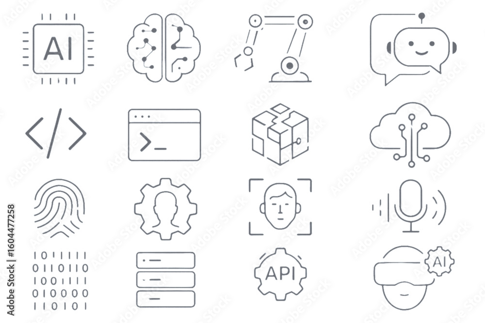 Poster modern line icons showcasing artificial intelligence technologies for futuristic concepts and digita