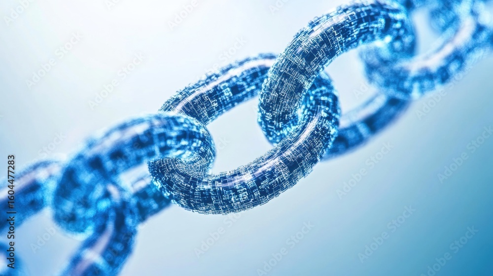 Poster digital representation of a blockchain link in bright blue tones and patterns