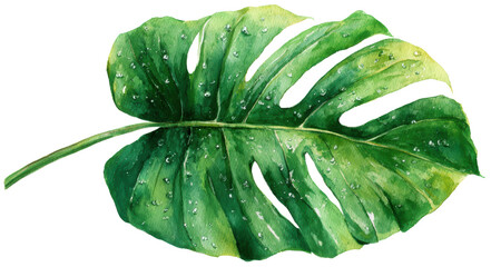 Large Monstera Leaf Watercolor Artwork with Raindrops Detail