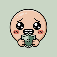 Cartoon emoji holding a shield with a worried expression on a pale green background in digital art