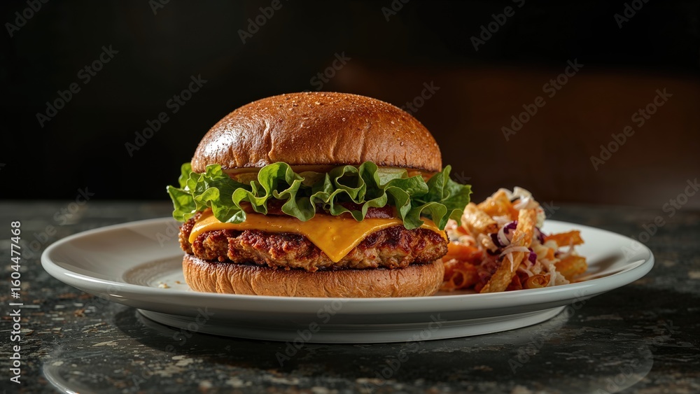 Poster grilled chicken burger displayed in a dining setting against a shadowy background