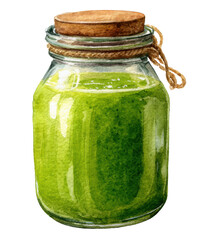 Vibrant Watercolor Illustration of Green Juice in a Jar