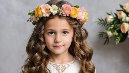 Young Girl with Wavy Hair and Beautiful Floral Crown 