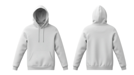 Blank grey hoodie front and back view isolated on white background