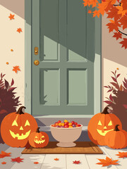 Obraz premium A door with a bowl of candy and four pumpkins on the porch