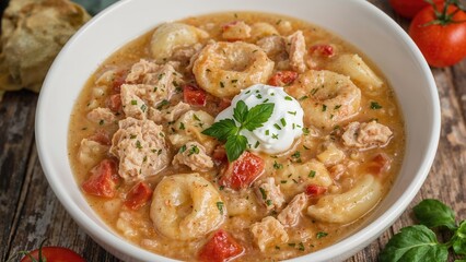 Soup with chicken and tomatoes complemented by freshly made creamy tortellini