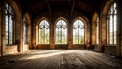 Empty church interior, sunlight streaming through windows