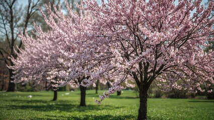 Fototapeta premium Cherry trees blossoming beautifully throughout the park