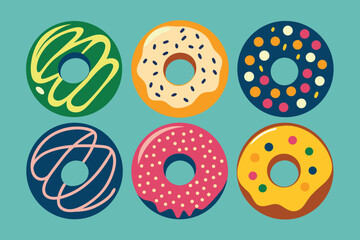 Colorful Donuts with Various Toppings Flat Design Style Beige Background