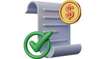 Approved financial document with golden coin and checkmark money dollar