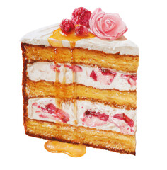 Watercolor Painting of Layered Financier Cake with Fruit and Flower